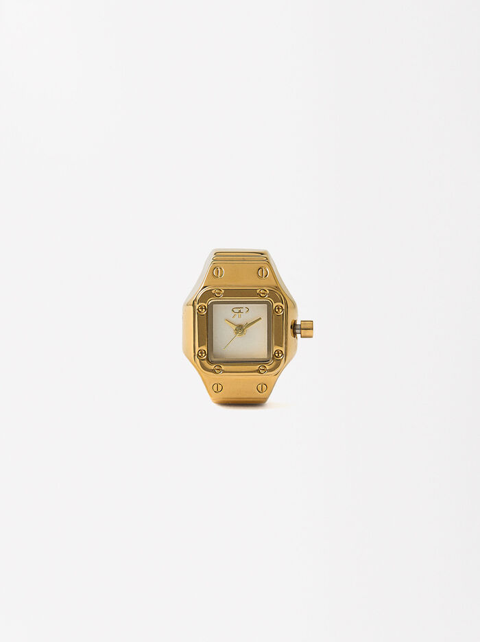 Anel Relógio De Aço Dourado