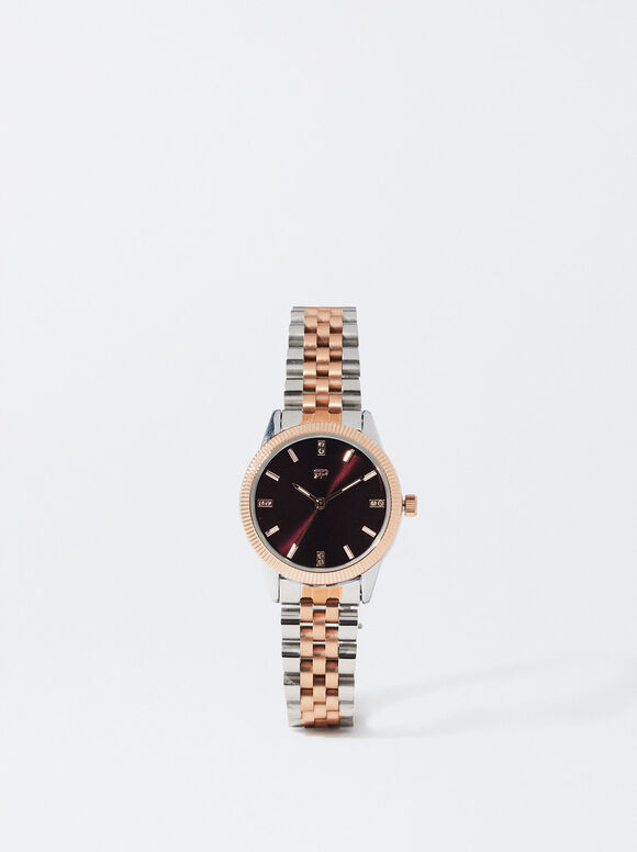 Personalized Two-Tone Steel Watch, Bordeaux, hi-res