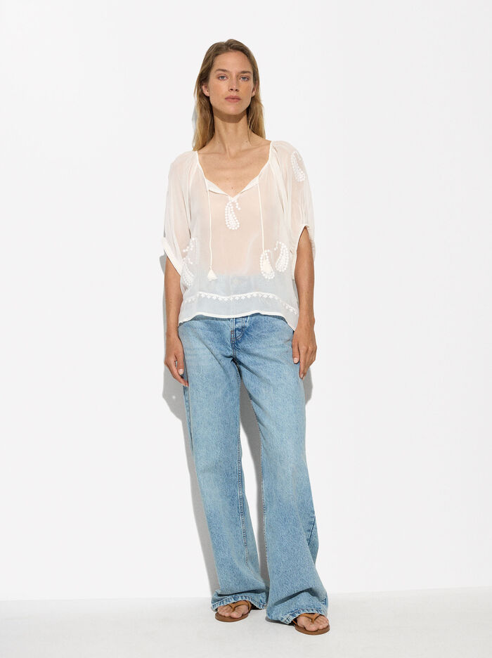 Embroidered Semi-Transparent Top