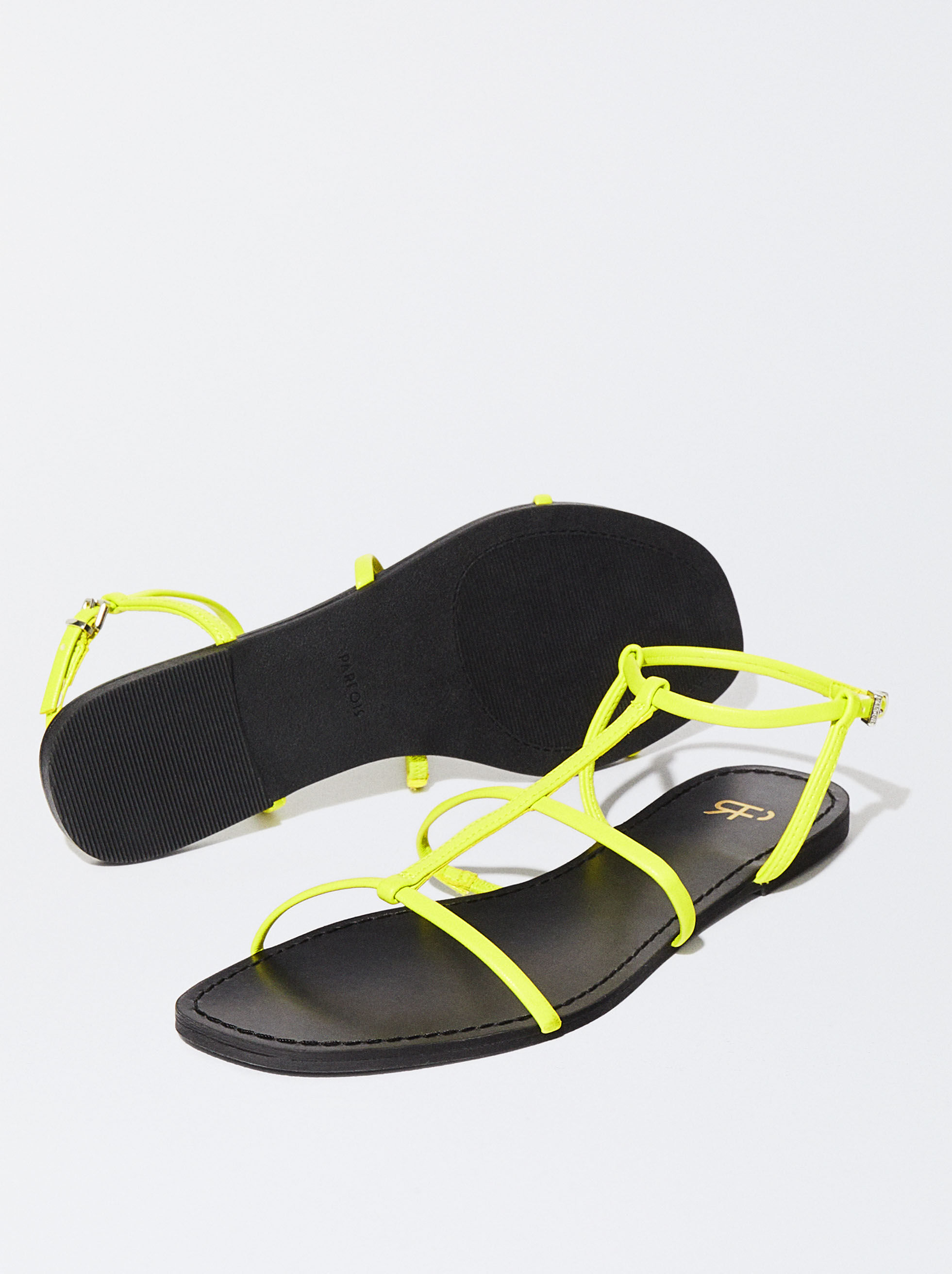 Strappy Rhinestone Ankle Strap Flat Sandals - Neon Pink