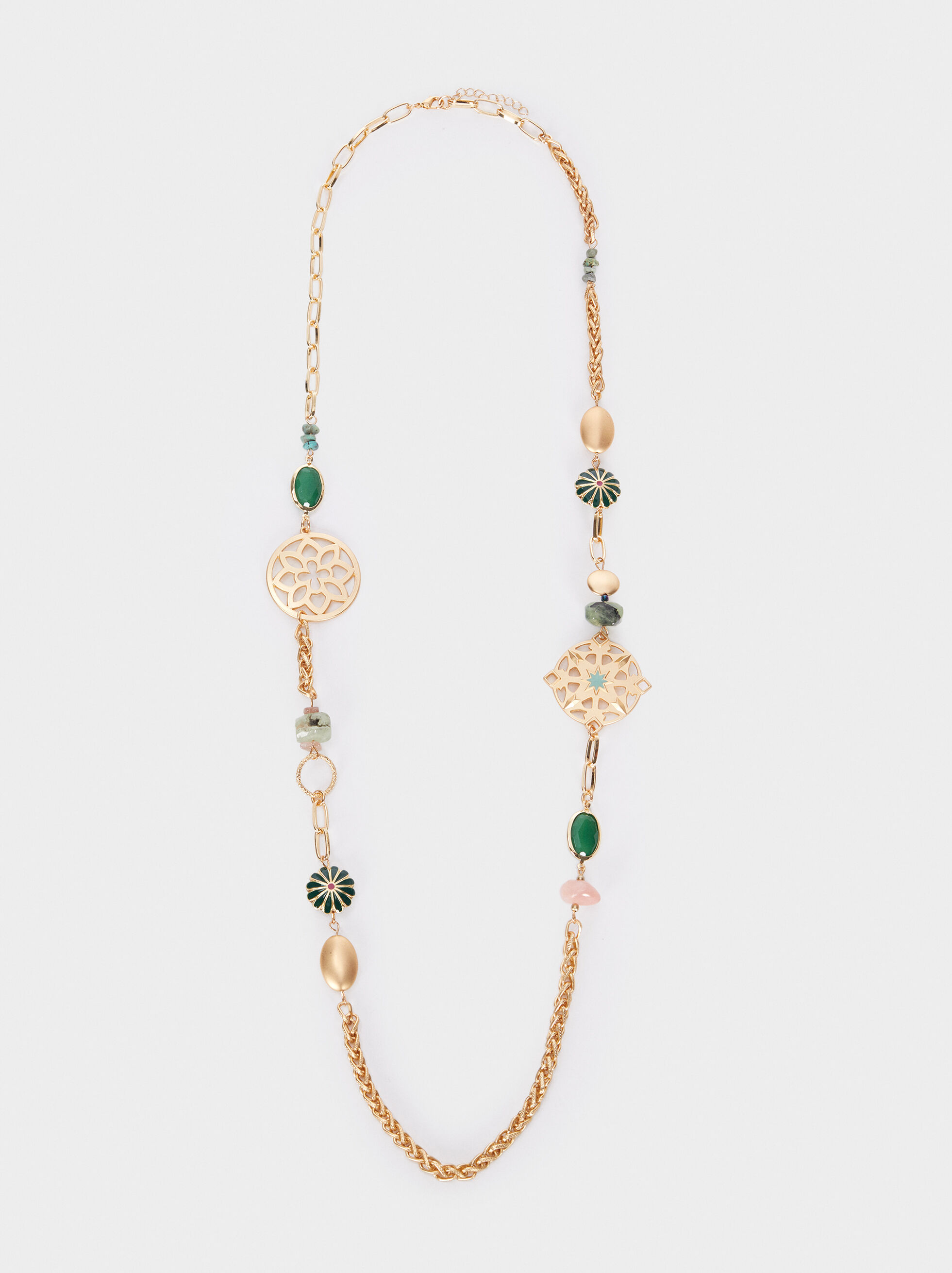 long gold necklace with stones