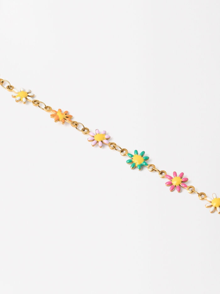 Bracelet De Cheville Avec Fleurs Émaillées - Acier Inoxydable