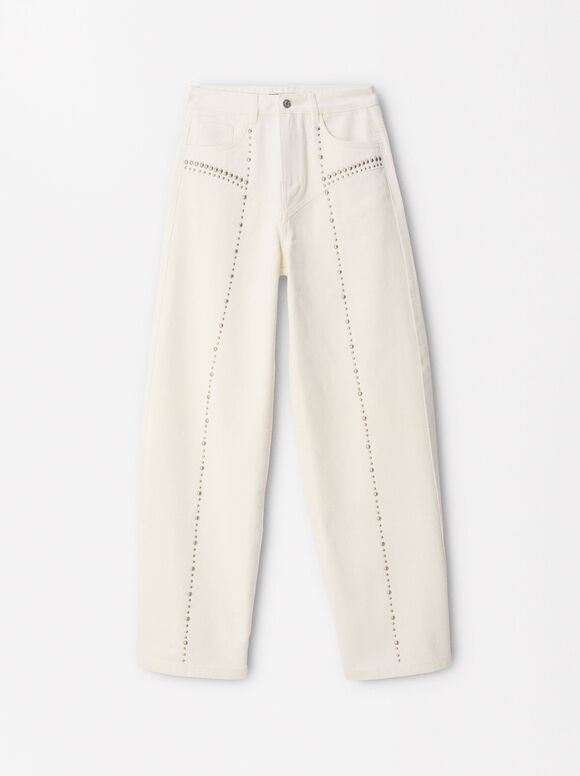 Pantalon En Coton À Clous, Blanc, hi-res