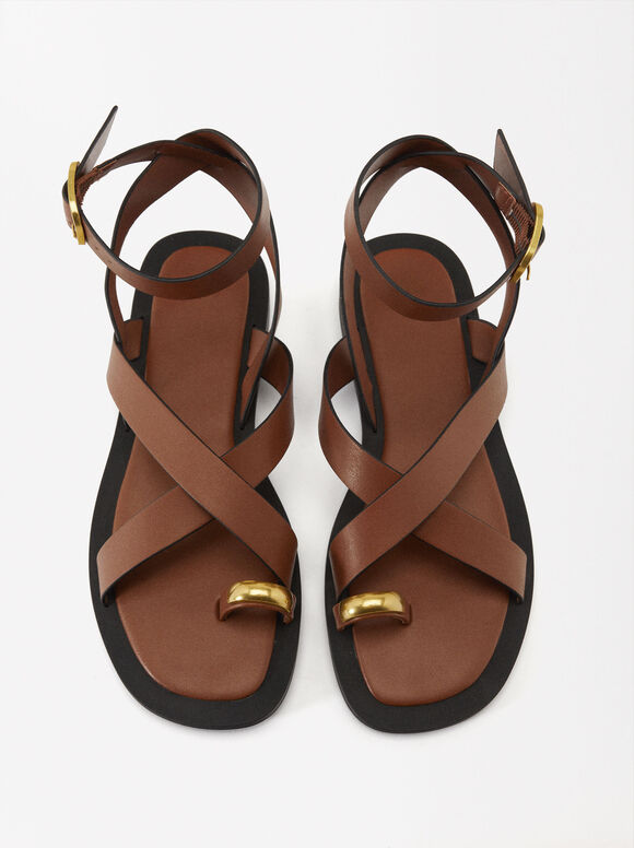 Flat Crossed Sandals With Metallic Detail, Camel, hi-res