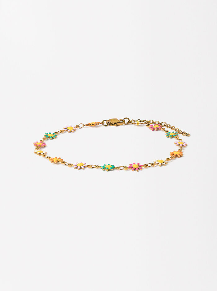 Anklet Bracelet With Enameled Flowers - Stainless Steel