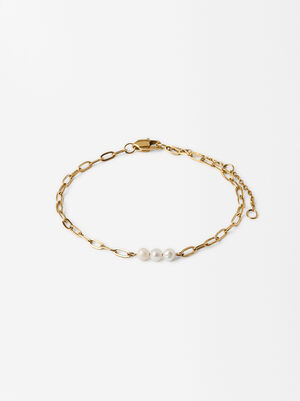 Link Bracelet With Pearls - Stainless Steel