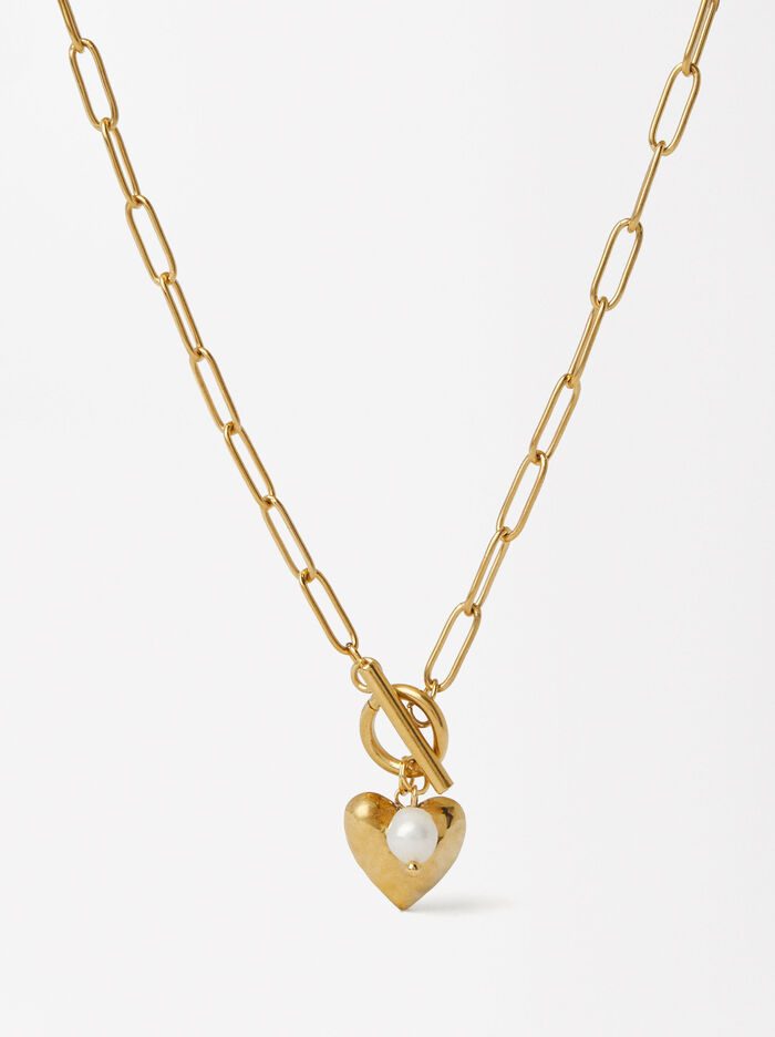 Heart And Pearl Link Necklace - Stainless Steel