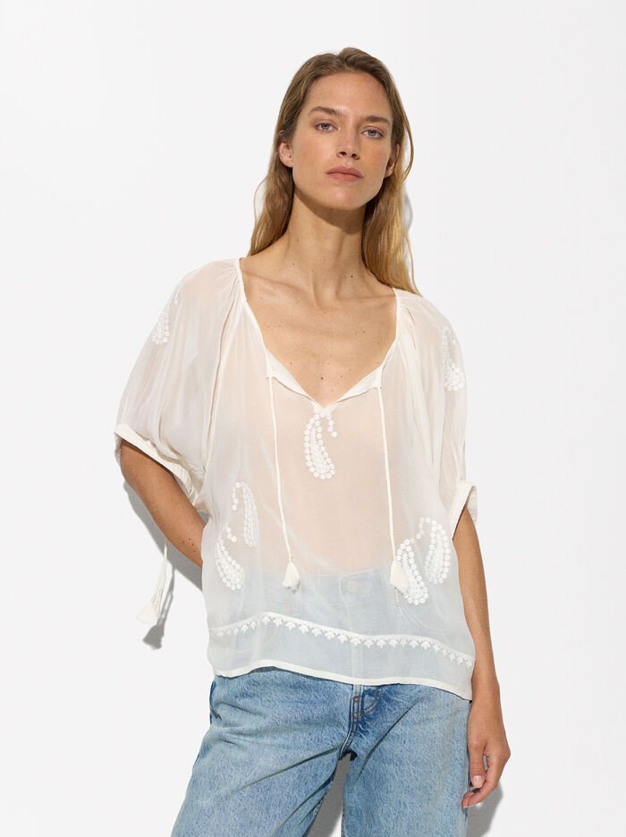 Embroidered Semi-Transparent Top