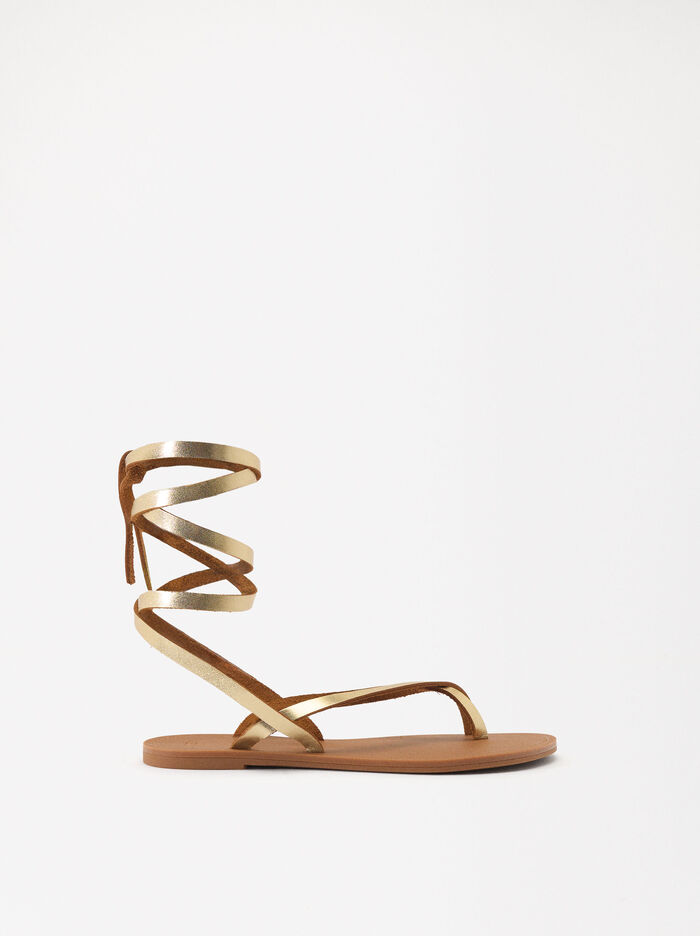 Metallic Flat Leather Sandals With Straps
