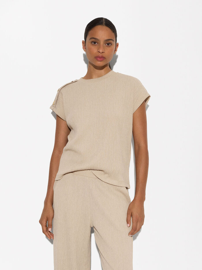 Textured T-Shirt With Shoulder Buttons