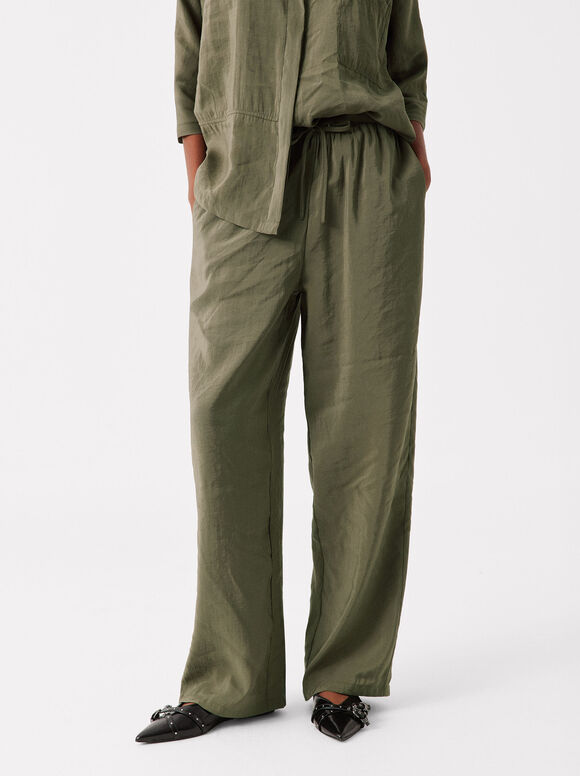 Adjustable Loose-Fitting Trousers Pants With Drawstring Green