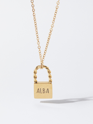 Personalisable Golden Steel Lock Necklace - Gold - Woman
