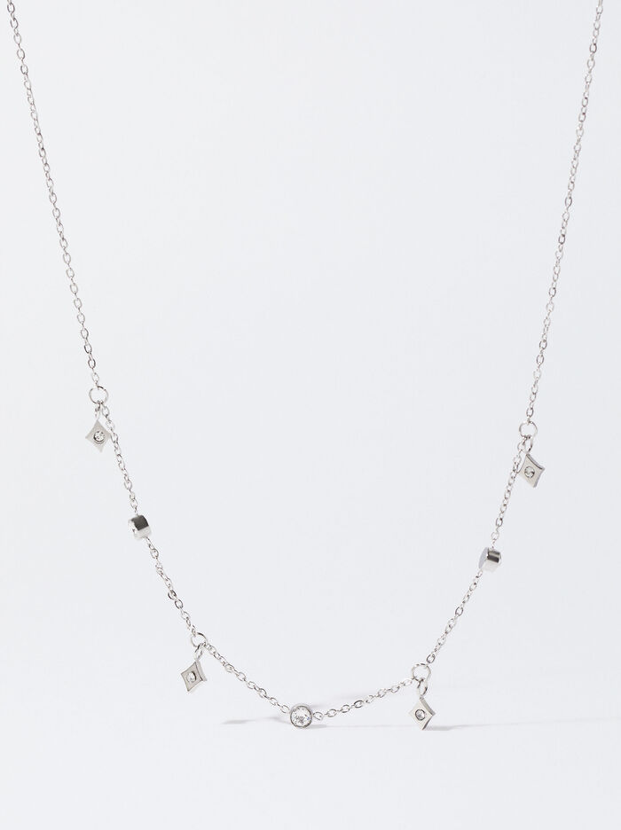 Silver Stainless Steel Necklace With Crystals