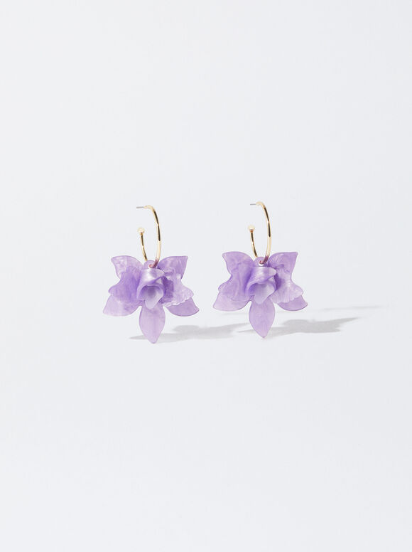 Hoop Earrings With A Flower, Purple, hi-res