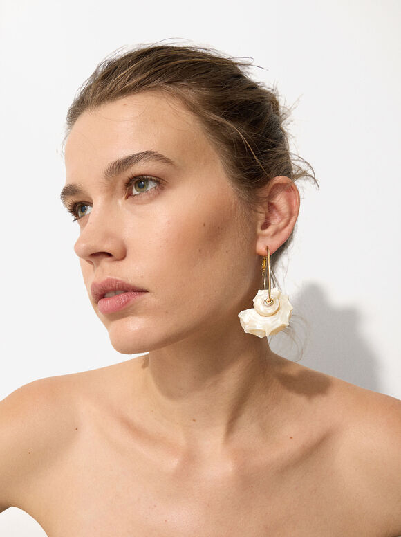 Seashell Hoop Earrings, White, hi-res