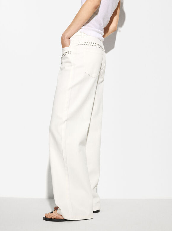 Pantalon En Coton À Clous, Blanc, hi-res
