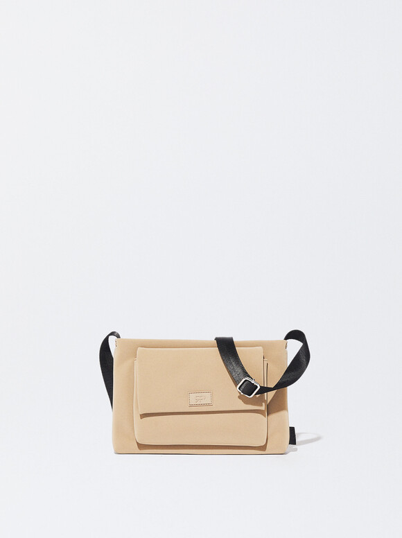 Black Leather Crossbody Bag With Outside Pocket