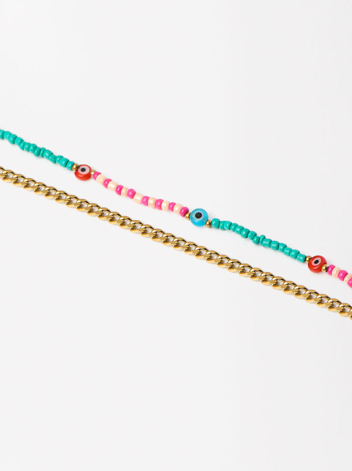 Bracelet De Cheville Double Avec Perles - Acier Inoxydable
