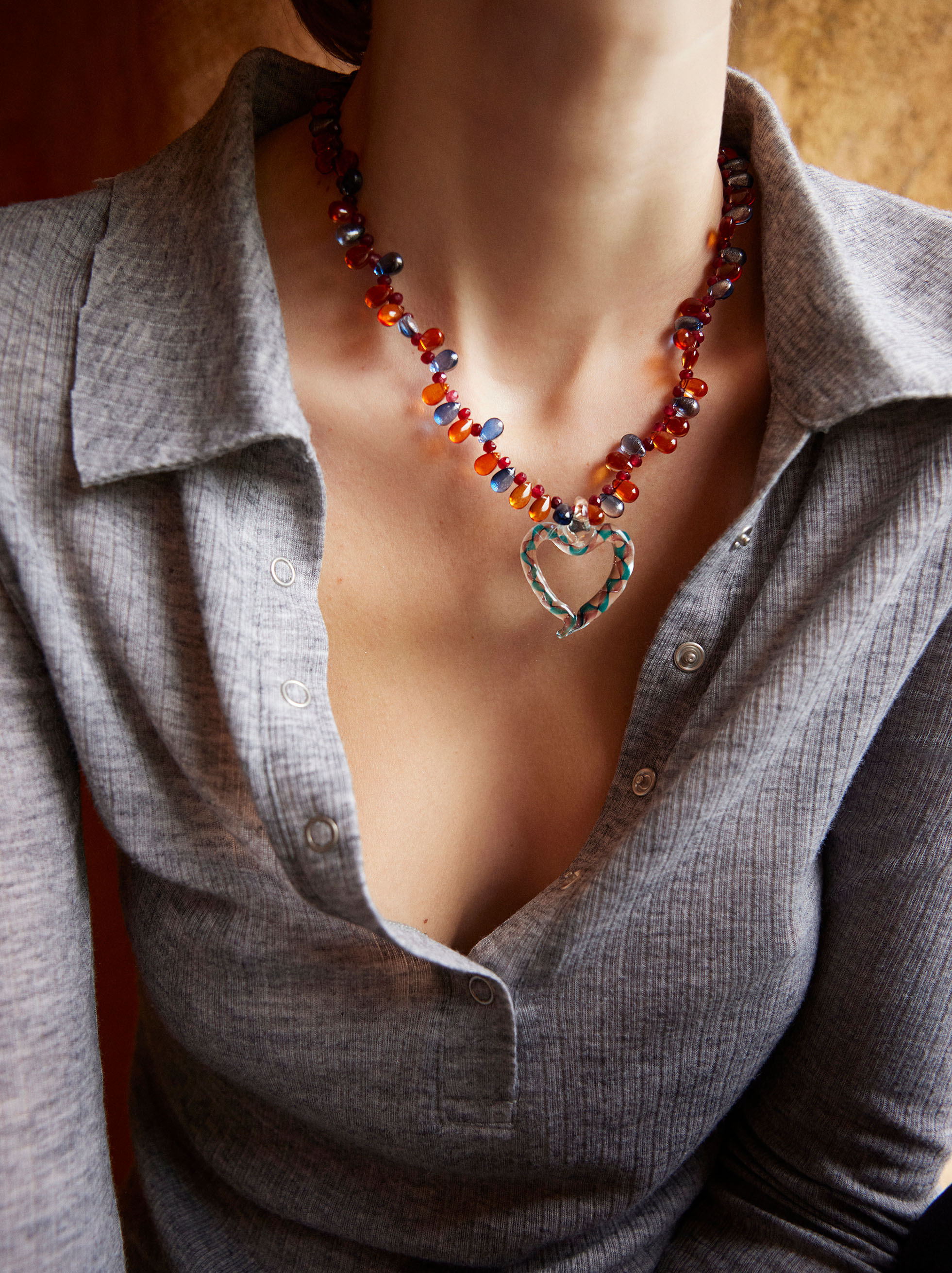 Necklace With Bead And Heart-Shaped Glass Pendant