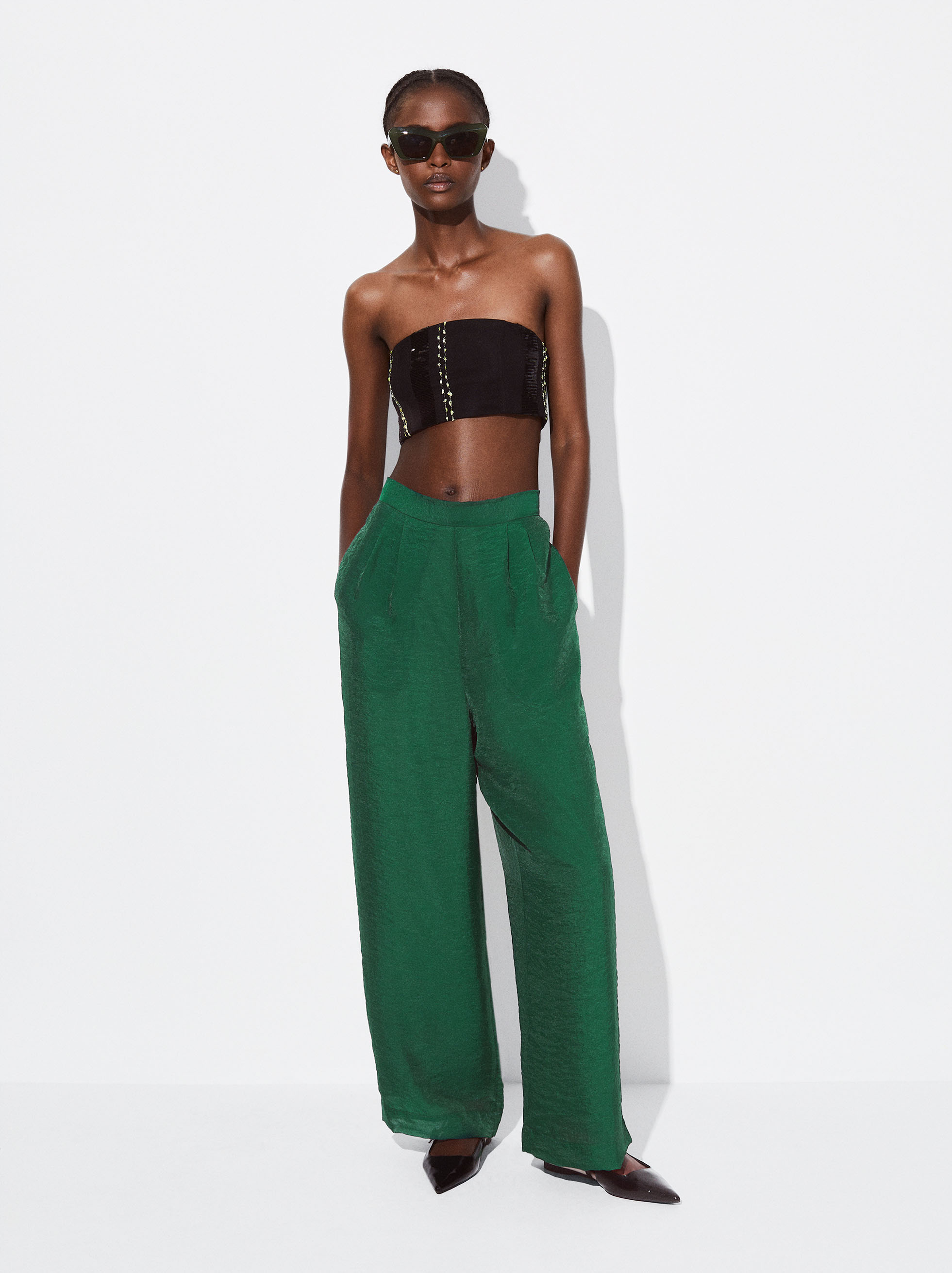 Wide Leg Pants With Glossy Finish Green